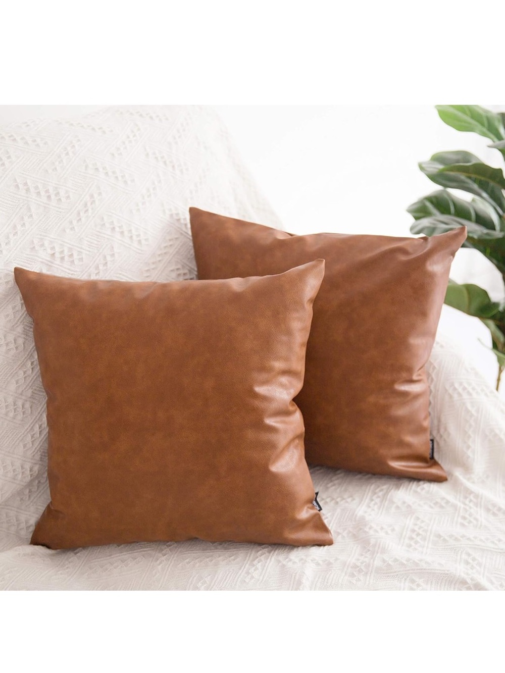 Set of 2 Thick Cognac Brown Modern Solid Faux Leather Throw Pillow Covers